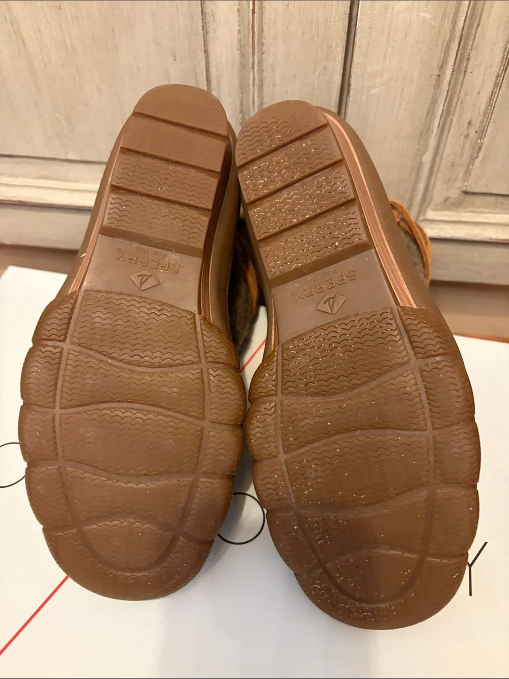 Sperry Brown Wool Upper Black Rubber Duck Boots with Tan Laces